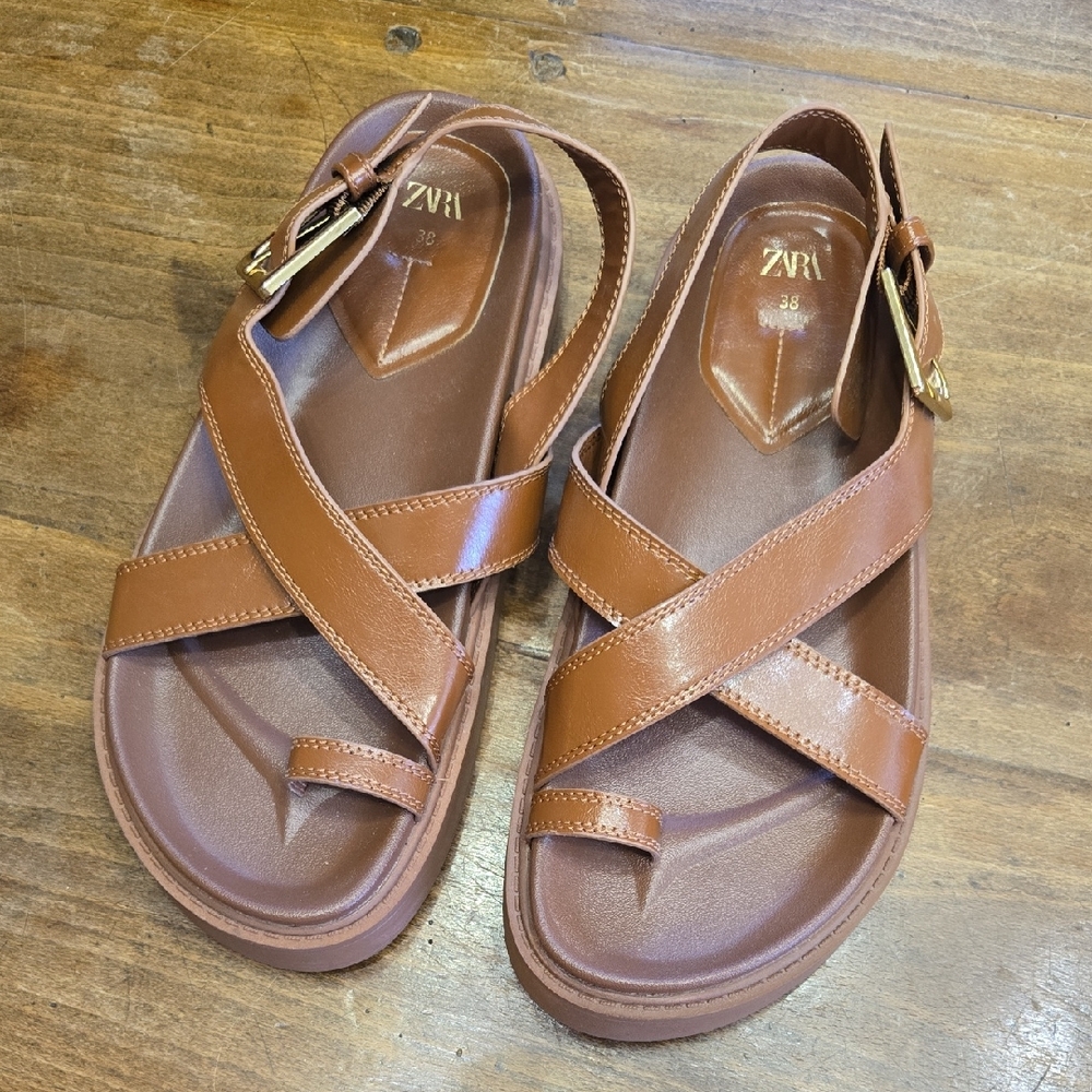 Zara Tan Leather Sandals with Gold Accents